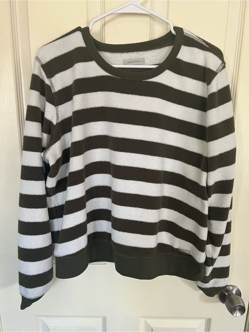 Outerknown Olive White Stripe Terry Crewneck Pullover Medium